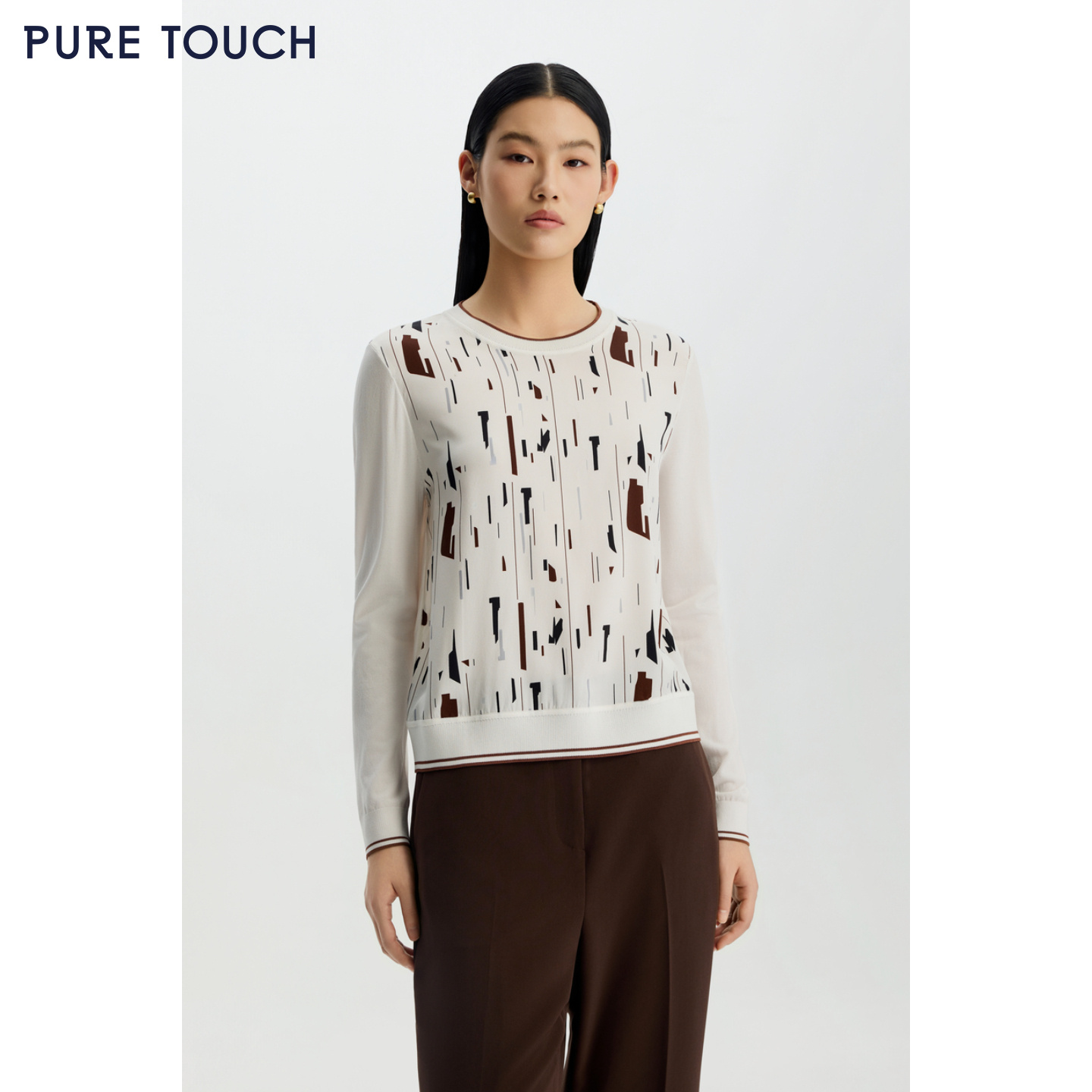 商场同款PURE TOUCH女装26春夏新款印花长袖上衣针梭拼接蚕丝衬衫