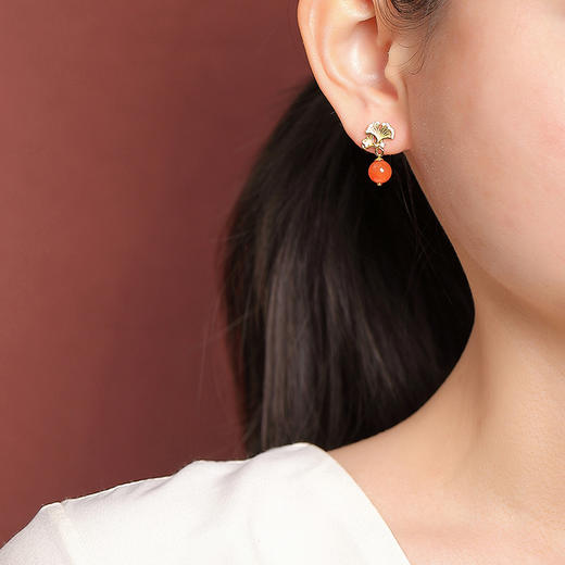 【禧宁】S925纯银镀金水红南红玛瑙蜜蜡银杏叶几何圆珠耳饰【CW-ED04765】 商品图3