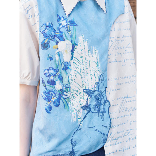 两三事梵高文艺星垂故梦2026春季新款猫咪刺绣不对称下摆印花衬衫 商品图2