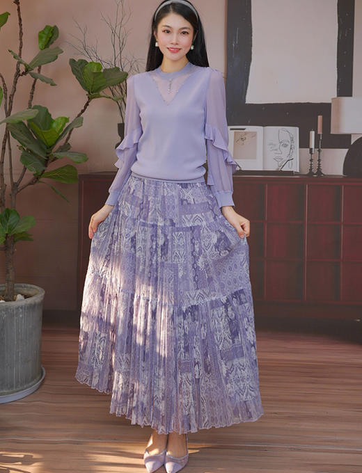 司歌优雅压褶碎花橡筋伞裙中长裙半裙C93G1837 商品图0