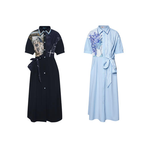 两三事梵高文艺微光萤火2026春新款撞色边翻领印花拼接绑带连衣裙 商品图4