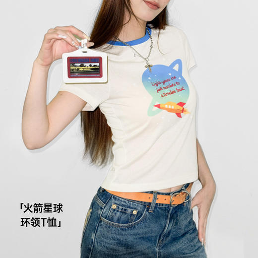 马登复古轻薄莱赛尔天丝撞色圆领正肩修身印花短袖T恤上衣女士夏 商品图0