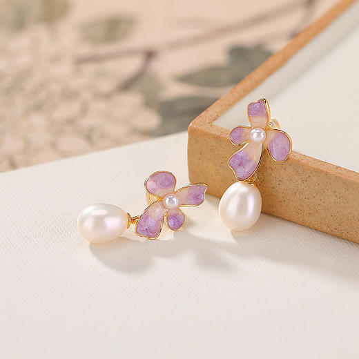 【紫藤花开】S925纯银镀金蜜蜡珍珠珐琅紫藤花水滴耳饰【CW-ED04543】 商品图2