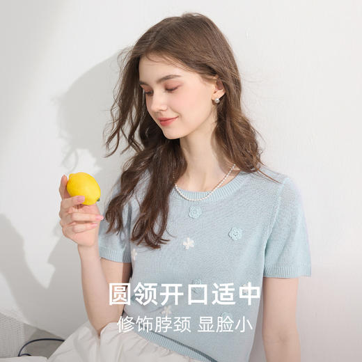 三彩2026夏季新款花朵针织衫圆领短袖正肩毛衫套头衫短款上衣M 商品图2
