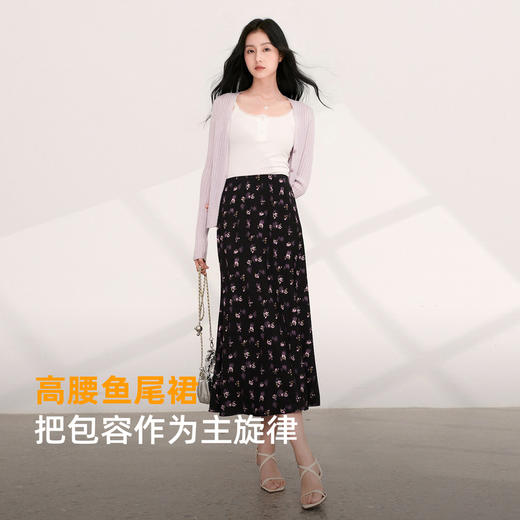 三彩2026夏季新款松紧高腰碎花半身裙斜裁A字裙鱼尾裙浪漫长裙M 商品图3