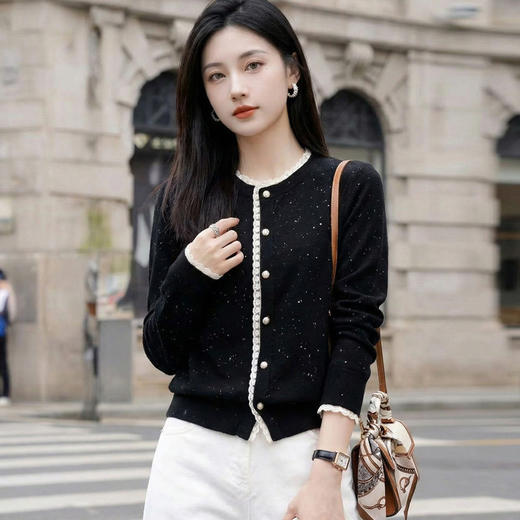 「自」全新升级【铂金会员174/天猫229/差价55】(02048)洛诗琳新款蚕丝羊毛针织开衫2026新款拼色亮丝花边针织外套 商品图2