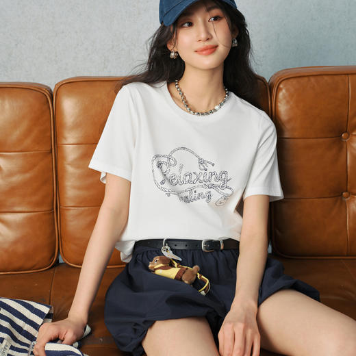 【严选】诗凡黎航海字母印花凉感T恤2026春夏新款设计感正肩圆领显瘦短袖7H4300841 商品图0