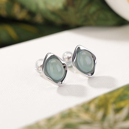 【晚风知意】S925纯银天然蓝水翡翠几何菱形蛋面耳钉【CW-ED04488】 商品图1