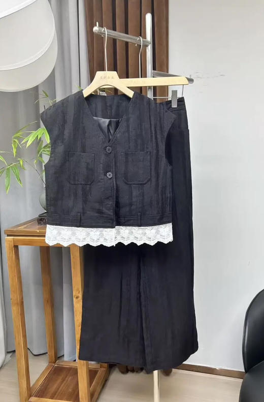 原单新款撞色浅条纹棉麻小飞袖马甲套装 商品图1