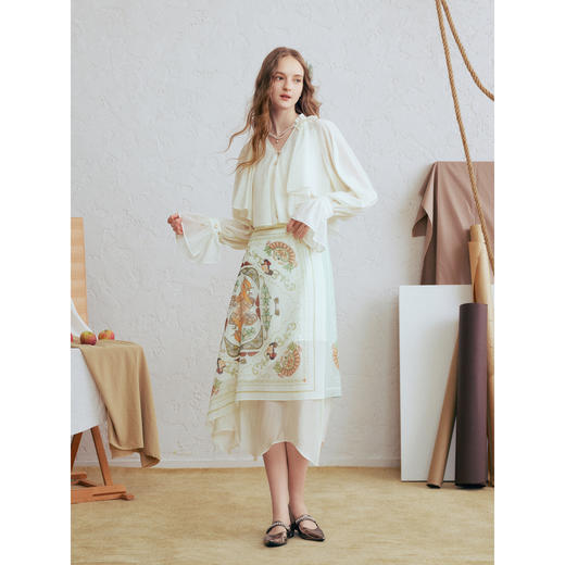 两三事 晚风清梦 2026春季新款法式优雅可拆印花屁帘雪纺半身裙 商品图2