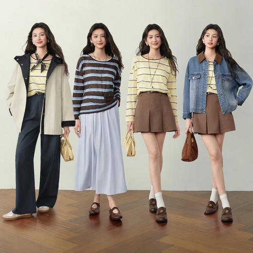 【严选】诗凡黎撞色条纹针织罩衫2026春夏新款宽松显瘦通勤百搭长袖T恤女7H4431351 商品图1