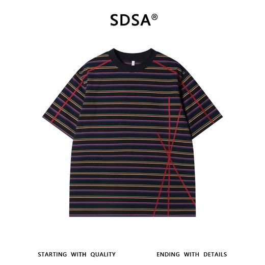 SDSA男装2026新款高贵轻奢美式复古撞色条纹短袖T恤明线设计休闲 商品图0