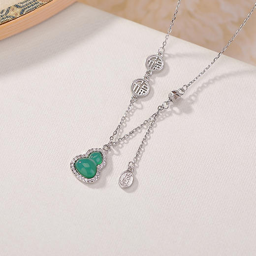 【招财葫芦】S925纯银镀金绿玉髓葫芦招财福字套链【CW-XL00533】 商品图2