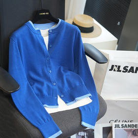 撞色圆领羊毛长袖针织开衫！女短款毛衣外穿2026春夏季新款！