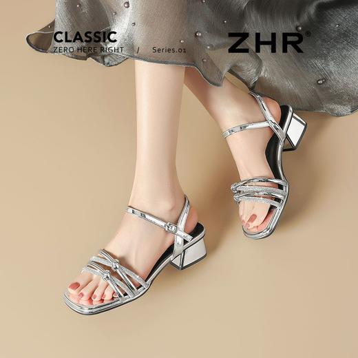 ZHR银色粗跟凉鞋通勤时装凉鞋夏季新款一字带高跟凉鞋ins水钻凉鞋 商品图6