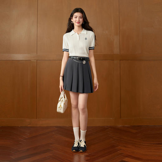 【严选】诗凡黎兰精天丝短袖针织衫2026春夏新款撞色学院风刺绣POLO领上衣7H3131051 商品图1