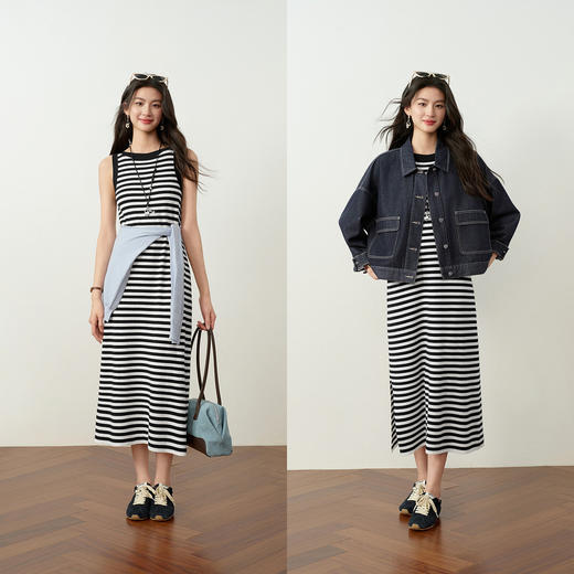 【严选】诗凡黎连衣裙条纹黑白弹力亲肤裙子女2026春夏新款时髦百搭背心式7H3390751 商品图1
