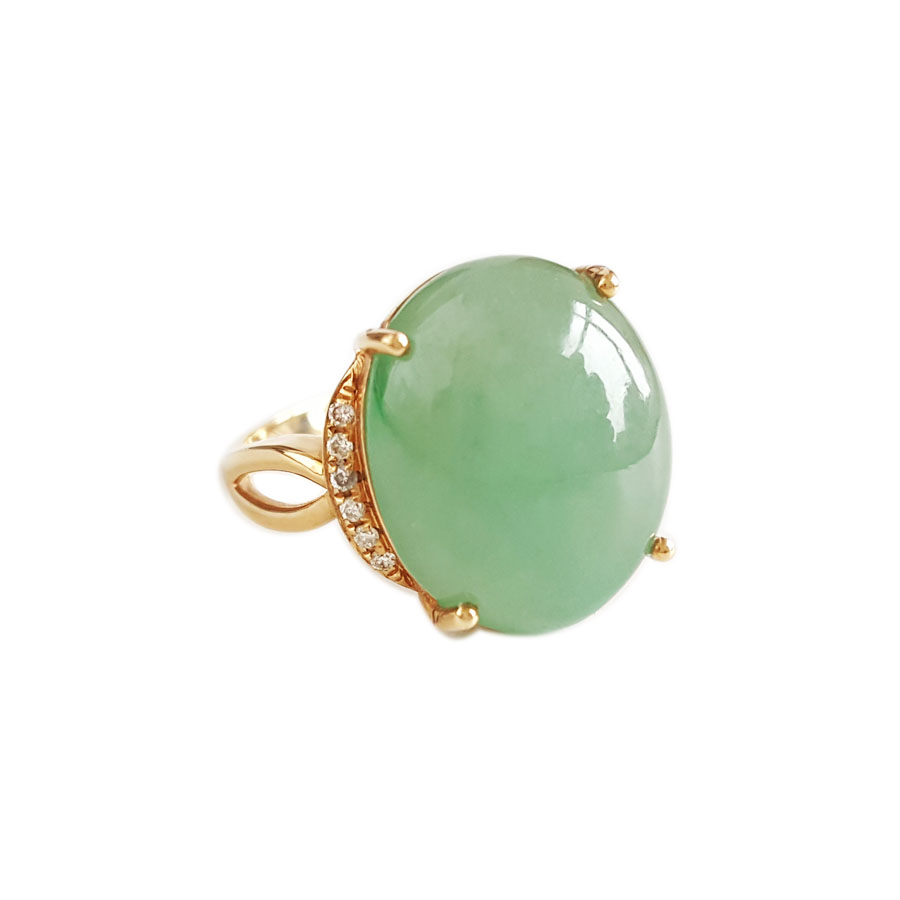 【天然正品】A货翡翠AU750黄金镶钻镶天然细腻满绿糯冰种蛋面翡翠戒指16.5号（戒圈可改）131125AH25