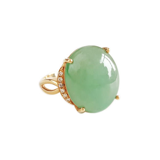 【天然正品】A货翡翠AU750黄金镶钻镶天然细腻满绿糯冰种蛋面翡翠戒指16.5号（戒圈可改）131125AH25 商品图0