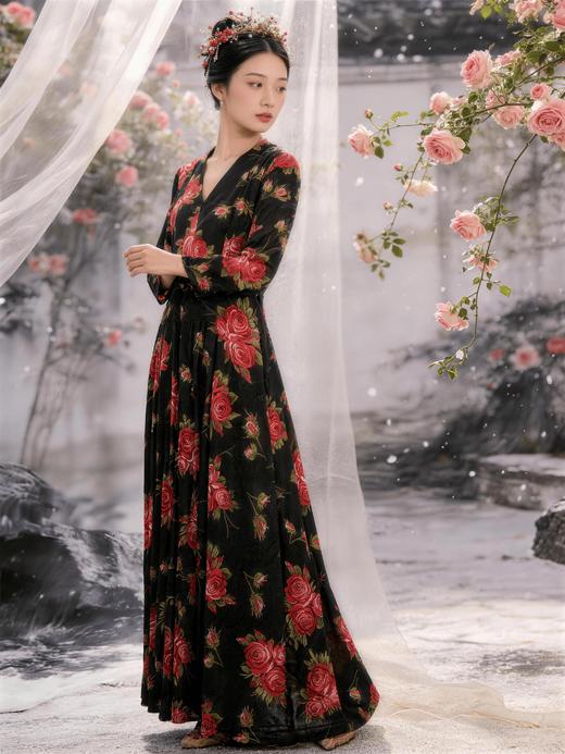 SC1S10_胭脂色_连衣裙_春夏_V领七分袖收腰系带黑底胭脂玫瑰印花大摆长款_高级女装_BERNIEELEN 伯妮斯茵 商品图1