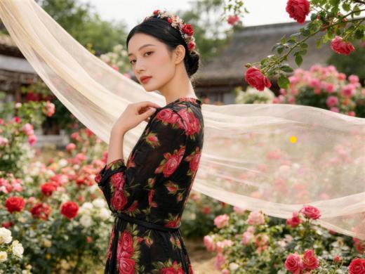 SC1S10_胭脂色_连衣裙_春夏_V领七分袖收腰系带黑底胭脂玫瑰印花大摆长款_高级女装_BERNIEELEN 伯妮斯茵 商品图13