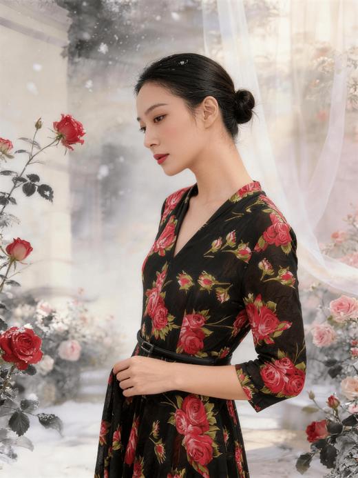 SC1S10_胭脂色_连衣裙_春夏_V领七分袖收腰系带黑底胭脂玫瑰印花大摆长款_高级女装_BERNIEELEN 伯妮斯茵 商品图10