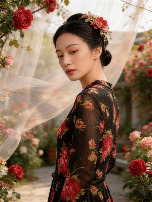 SC1S10_胭脂色_连衣裙_春夏_V领七分袖收腰系带黑底胭脂玫瑰印花大摆长款_高级女装_BERNIEELEN 伯妮斯茵 商品图7