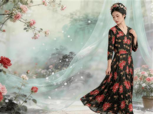 SC1S10_胭脂色_连衣裙_春夏_V领七分袖收腰系带黑底胭脂玫瑰印花大摆长款_高级女装_BERNIEELEN 伯妮斯茵 商品图11