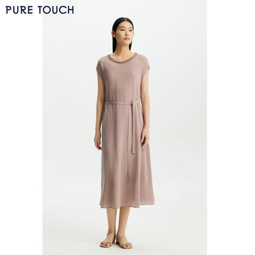 PURE TOUCH女26春夏新款木耳边连衣裙真丝鬼绉桑蚕丝系带中长裙 商品图4