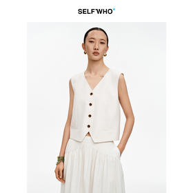SELFWHO亚麻混纺经典V领马甲女2026夏新款宽松单排扣外穿马夹上衣