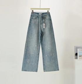 F031816蓝色烟花烫钻阔腿牛仔裤女春季新款高腰宽松显瘦直筒拖地裤