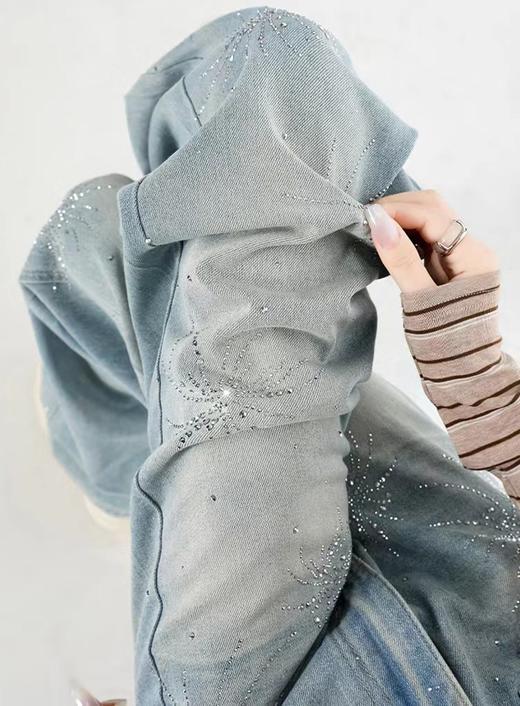 F031816蓝色烟花烫钻阔腿牛仔裤女春季新款高腰宽松显瘦直筒拖地裤 商品图13