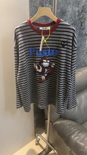 F031822日系复古温柔氛围休闲随性酒红色罗纹圆领卡通条纹T恤