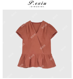 03-4潘依绣丁丁宠粉夏季新款法式高级感V领短款收腰短袖衬衫W9641