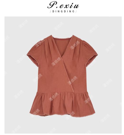 03-4潘依绣丁丁宠粉夏季新款法式高级感V领短款收腰短袖衬衫W9641 商品图0