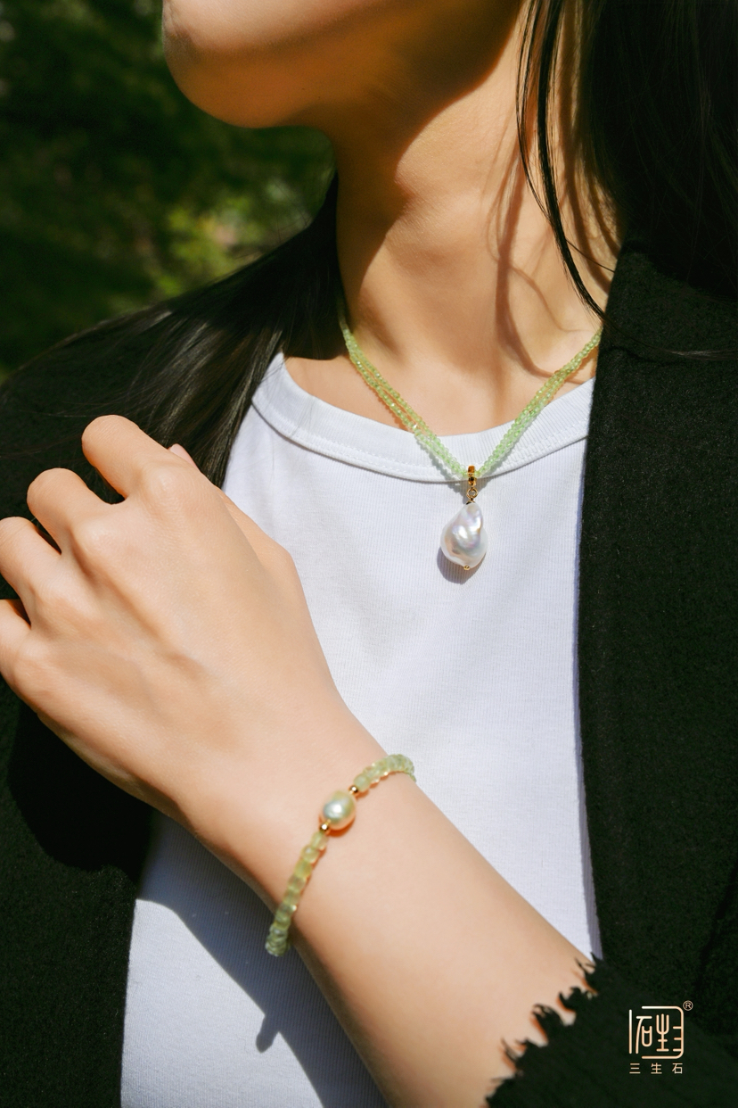 春日绽放 三生石吾行葡萄石切面巴洛克珍珠“万能扣”项链 | 葡萄石切面巴洛克珍珠手链