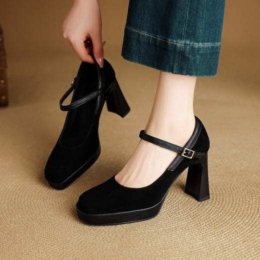 【预售5天】复古防水台高跟鞋女粗跟新款真皮方头一字带玛丽珍鞋不累脚MLD&AM999 商品图1