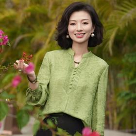西子/如沐春风桑蚕丝提花V领捏褶显瘦气质新中式上衣/SYTJ1031