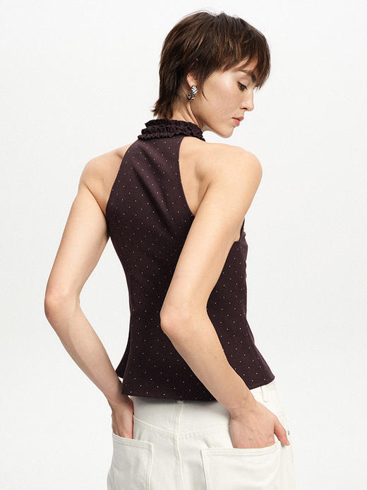 TR她热 紫雾甜心 紫色波点花边削肩单排扣复古收腰显瘦上衣背心 商品图1