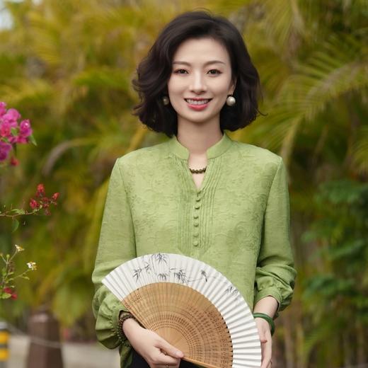 西子/如沐春风桑蚕丝提花V领捏褶显瘦气质新中式上衣/SYTJ1031 商品图1