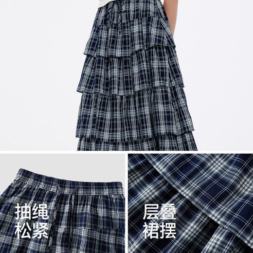 森马半身裙女夏季松紧腰A字格纹长裙甜美文艺浪漫复古优雅蛋糕裙 商品图3
