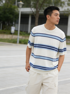 G2000男装SS26商场新款【BLACK】【可机洗】条纹针织短袖T恤衫61471044