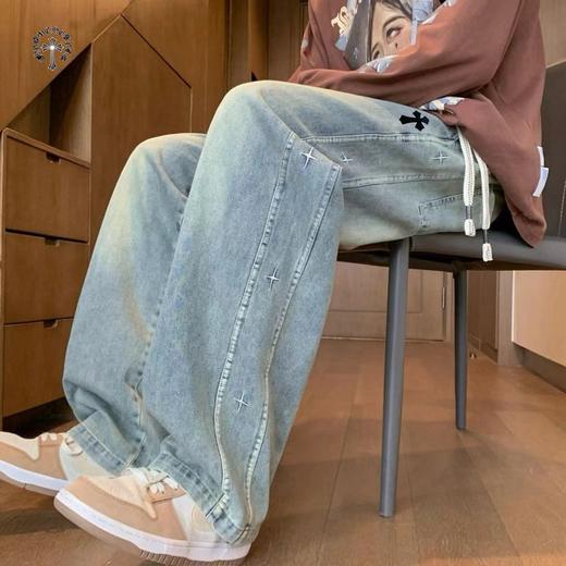 F031853新款贴皮标重工水洗刺绣串标相拼宽松直筒牛仔裤 商品图6