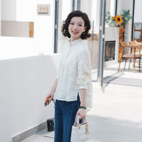 西子/占春光桑蚕丝提花新中式盘扣杏色气质复古衬衫女/CSYH0039