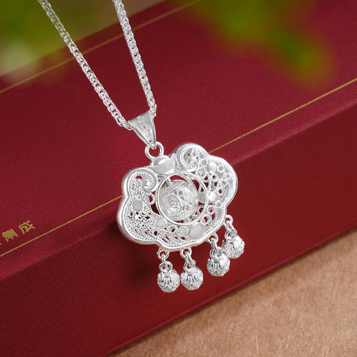 子佩集S990银【福慧齐臻】套链项链【MXDZ026】纯银花丝锁四个球2509 商品图4