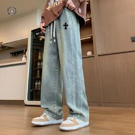 F031853新款贴皮标重工水洗刺绣串标相拼宽松直筒牛仔裤