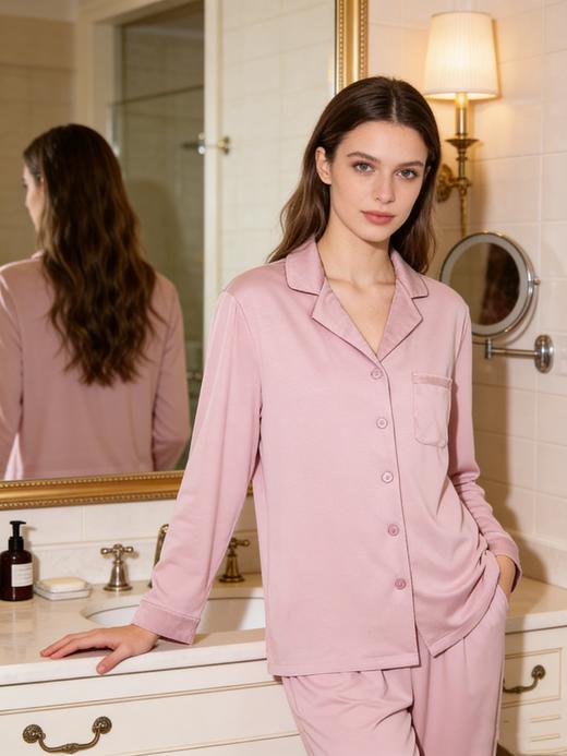 【双皮奶丝】SCHIESSER德国舒雅莫代尔氨纶双面，翻驳领开衫套装，领子袖口，袋口增加顺色压皱仿真丝面料装饰31/25576H 商品图1