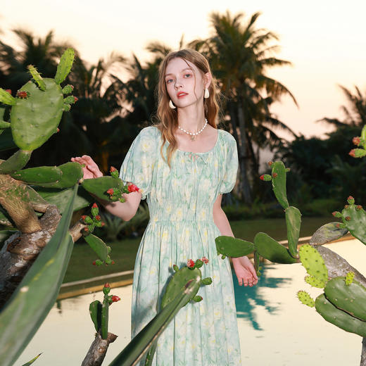 【100棉】三彩2026夏季新款U领高腰印花连衣裙泡泡袖A字长裙M 商品图2