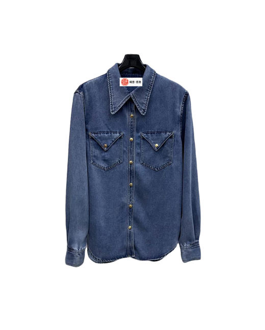 女款尖领牛仔长袖衬衫la008 商品图0