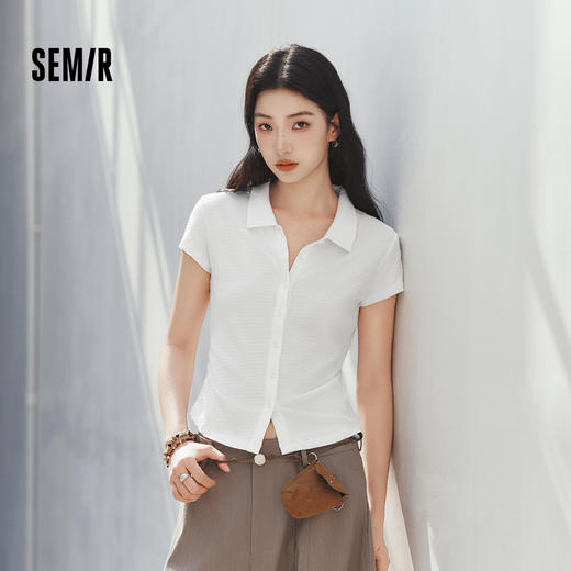森马POLO衫女夏季短款褶皱修身提花肌理翻领2026新款简约温柔开衫 商品图0